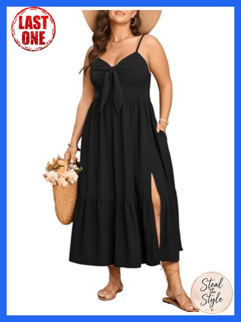 Plus Size Maxi Sun Dress Spaghetti Strap Tie Front Smocked Ruffle Split Casual